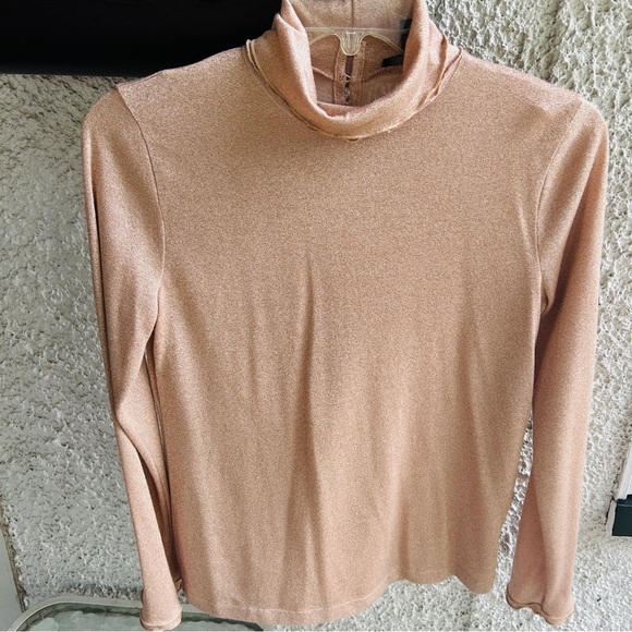 J. Crew Turtleneck Metallic Rose Gold Stretch Knit Ruffle Edge Top size Medium - Picture 10 of 16